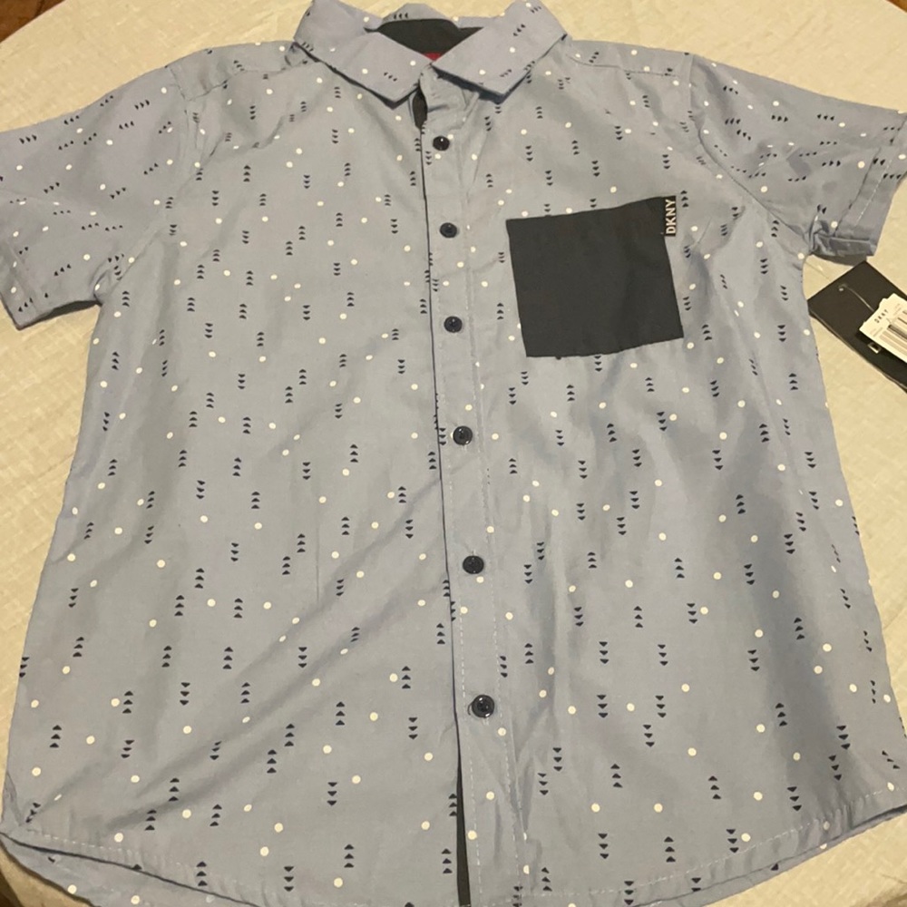 Size 8 Navy blue and light blue button down shirt